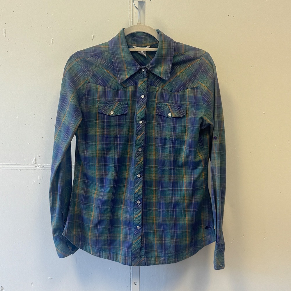 O'Neill Womens Blue Green Plaid Western Snap Button Down Shirt Large Gorpcore